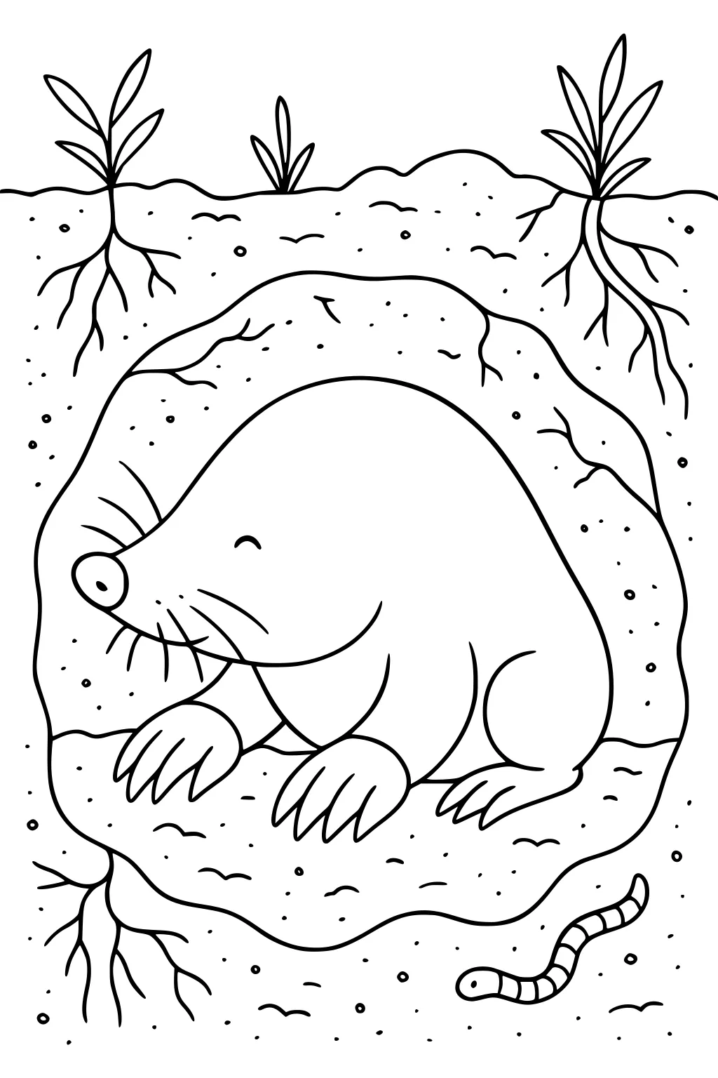 A mole with big claws sits in a tunnel underground. Roots, dirt, plants, and a wiggly worm are visible.