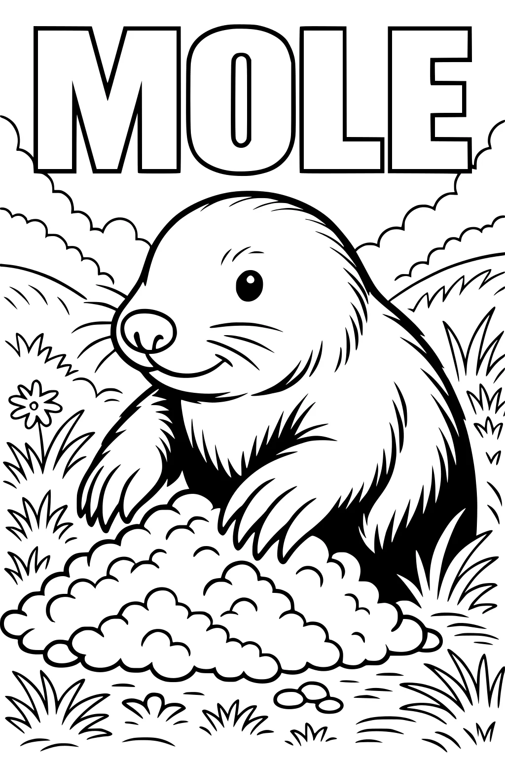 Cartoon mole with soft fur sitting on a dirt mound in the grass, flowers around, and MOLE in big letters above.