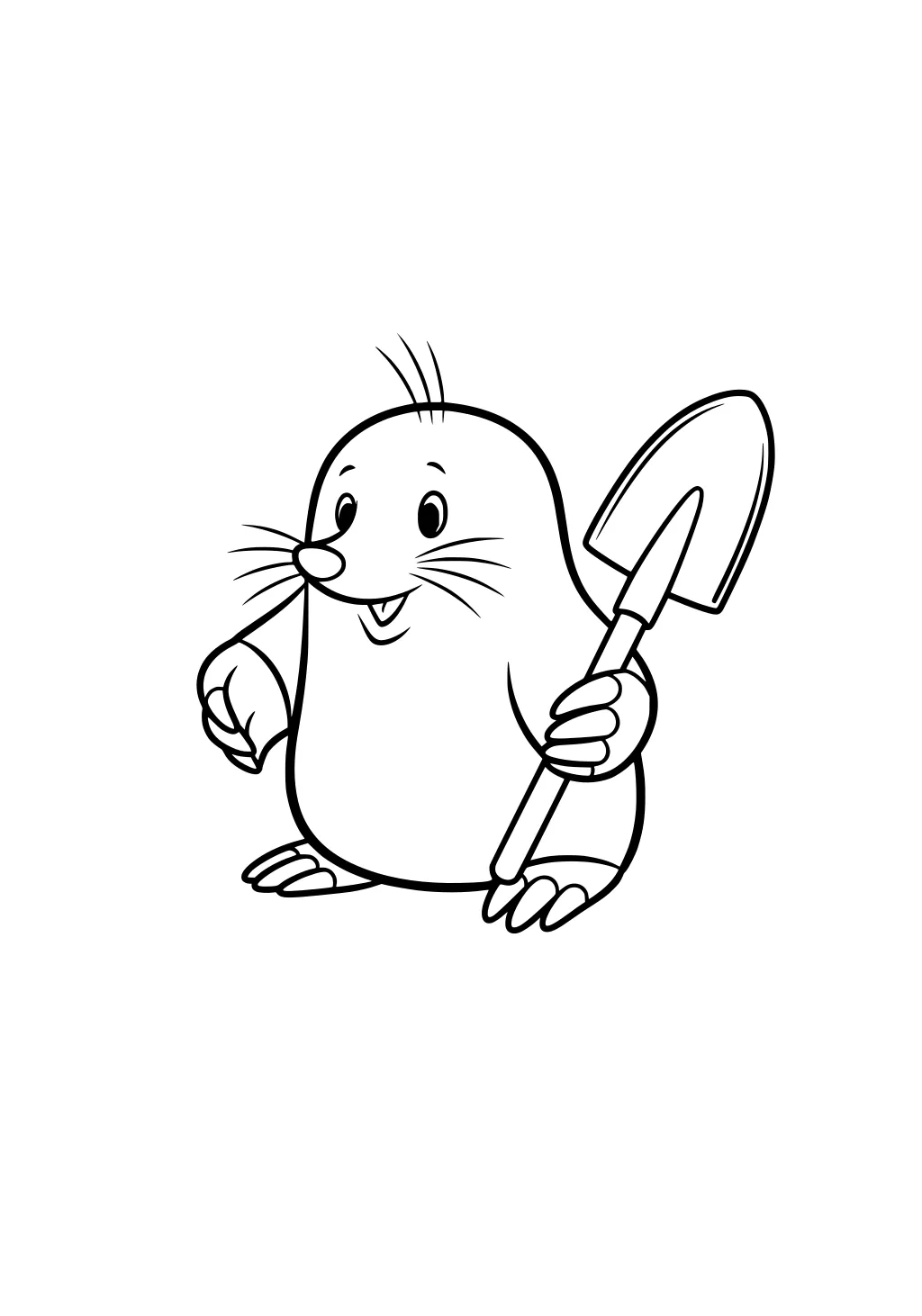 Cartoon mole smiling and holding a shovel upright, with big whiskers and standing on two feet.