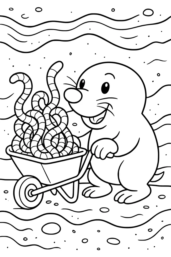 Free Mole Coloring Page - Milo Pushing Worms in an Underground Tunnel (Printable PDF)