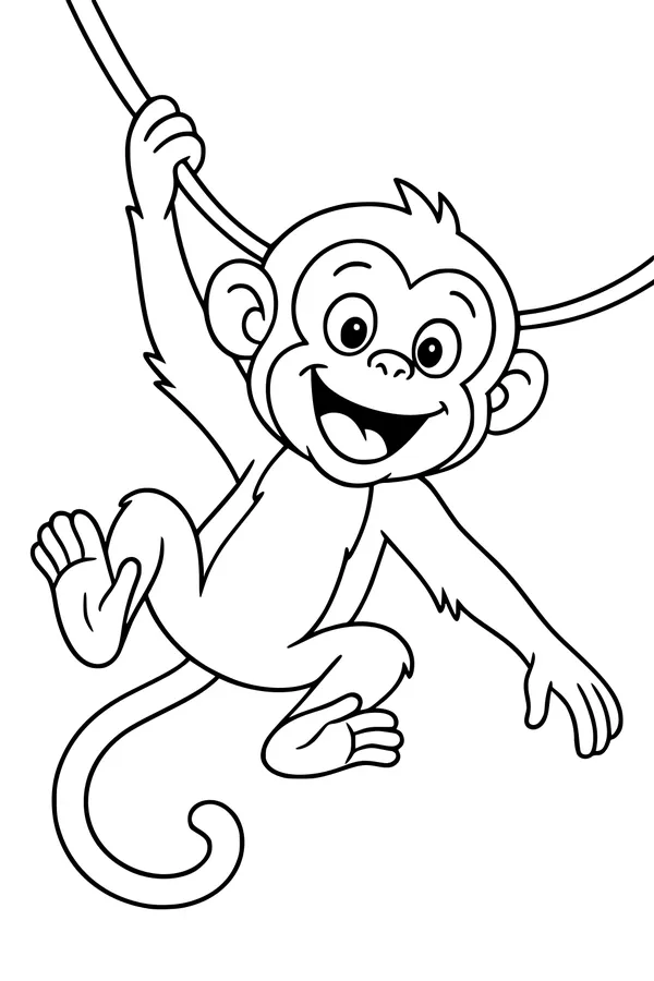 Free Monkey Coloring Page - Happy Cartoon Swinging on a Vine (Printable PDF)