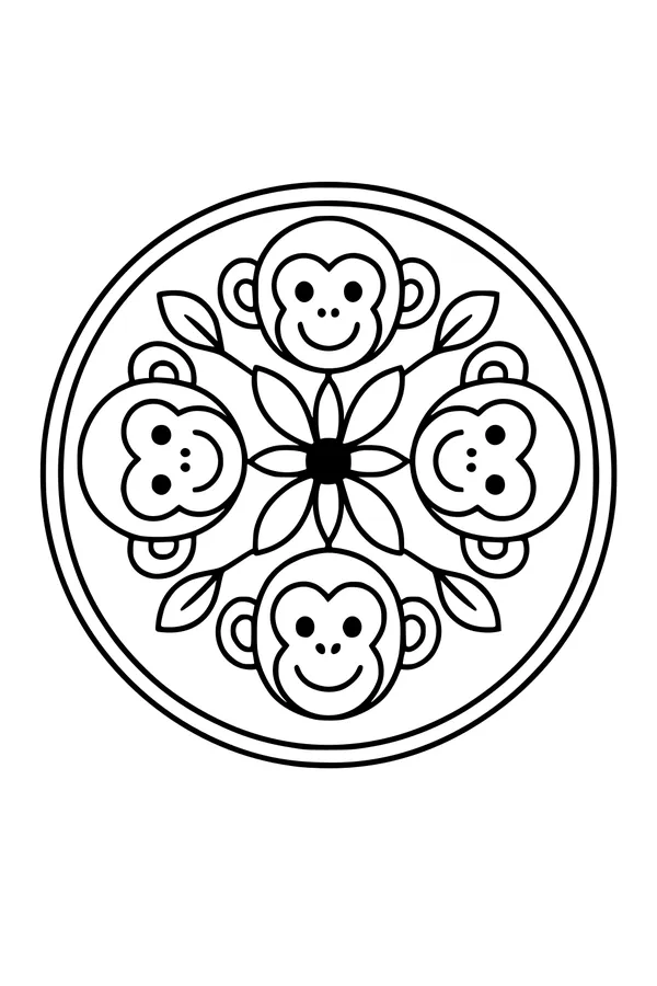 Free Monkey Coloring Page - Jungle Monkey Faces Mandala (Printable PDF)