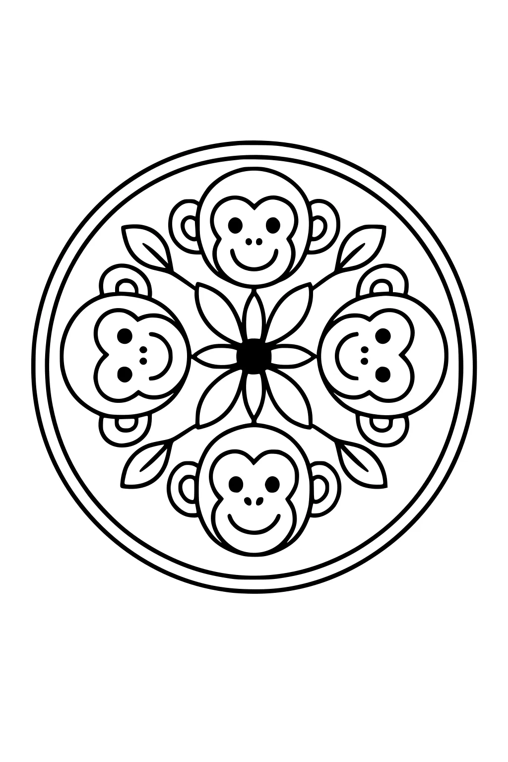 Four smiling monkey faces, arranged around a flower with leaves, all inside a double outer circle.