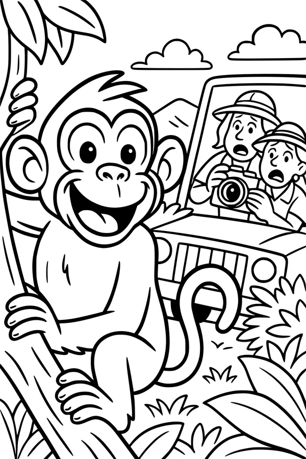 Free Monkey Coloring Page - Cheeky Jungle Safari Surprise (Printable PDF)