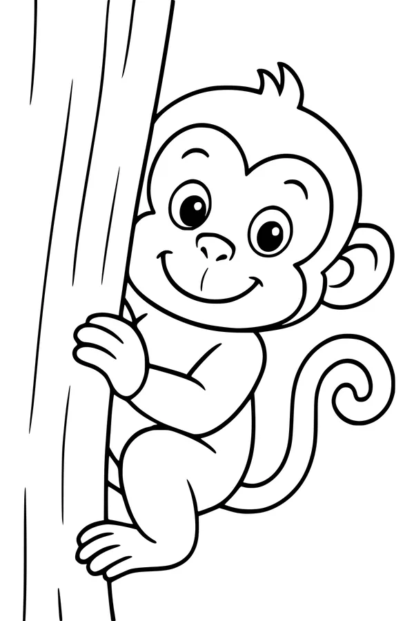 Free Monkey Coloring Page - Peekaboo Hugging a Tall Jungle Tree (Printable PDF)