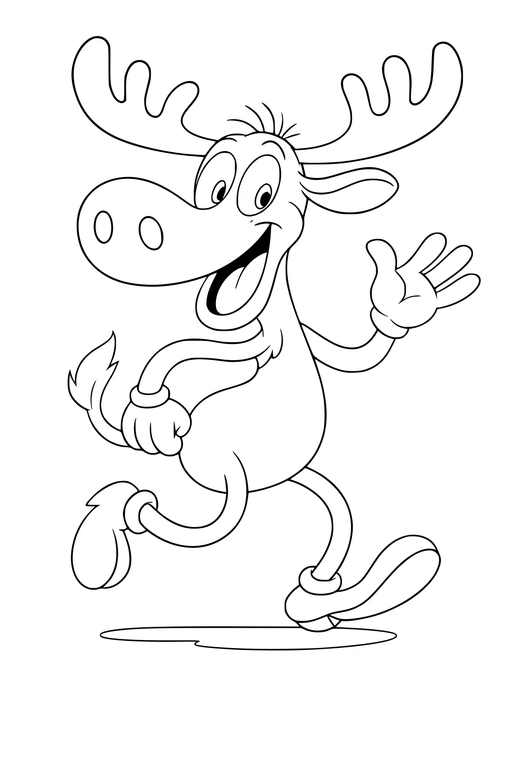 Cartoon moose with big antlers, smiling and waving, lifting one leg as if dancing on an empty background.