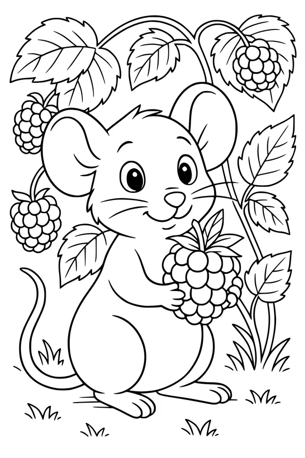 Free Mouse Coloring Page - Cheery Mouse With Raspberry Snack (Printable PDF)
