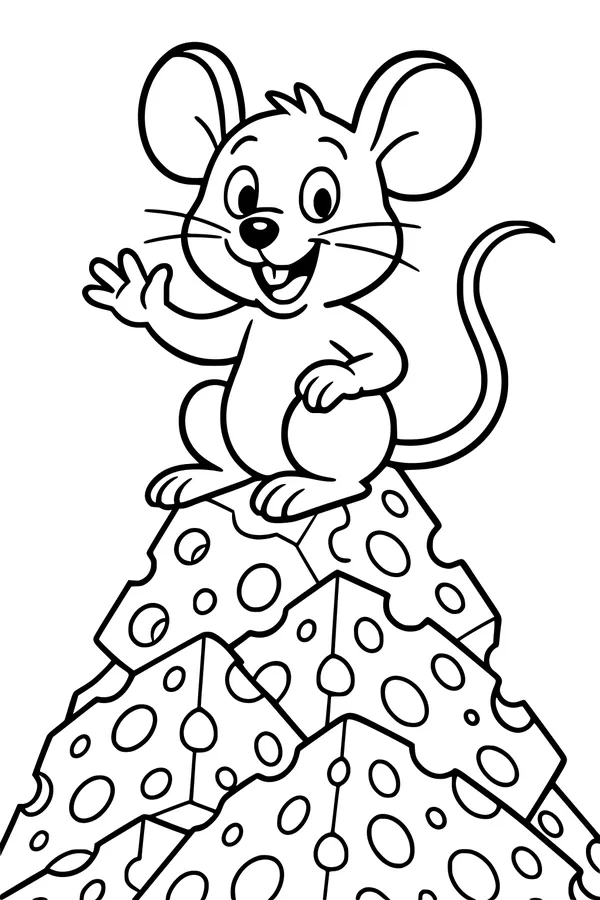 Free Mouse Coloring Page - Cartoon Mouse on Cheesy Mountain (Printable PDF)