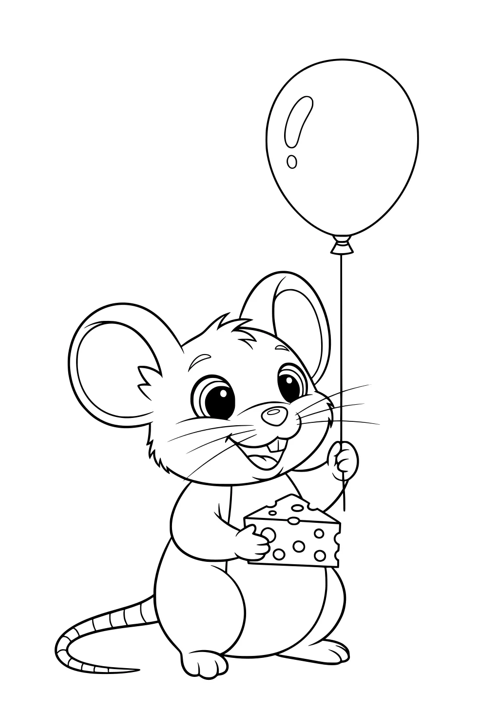 Cartoon mouse holding cheese and a balloon, big ears and wide smile, sitting with a long tail.