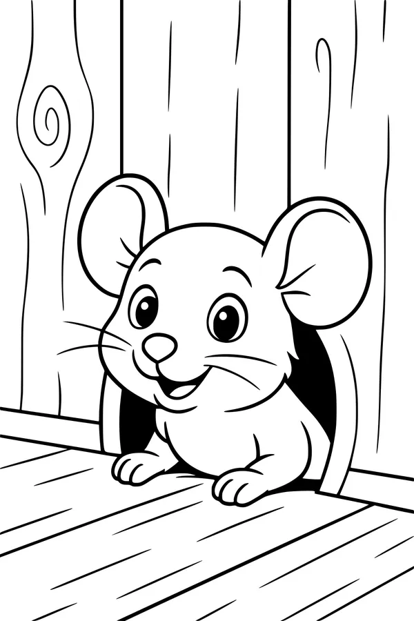 Free Mouse Coloring Page - Cute Cartoon Mouse Peeking From Wooden Wall (Printable PDF)