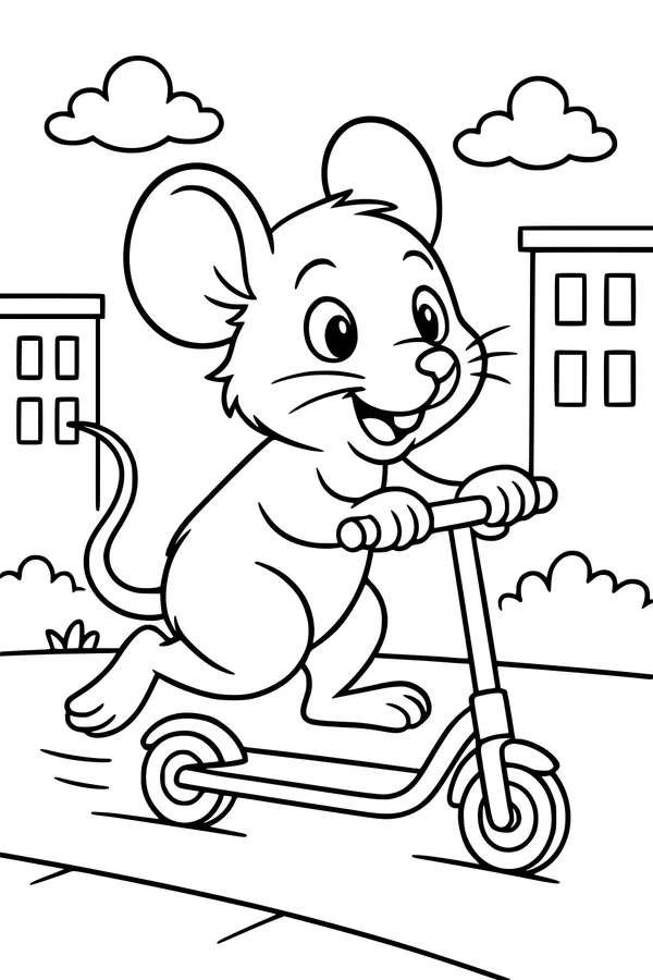 Free Mouse Coloring Page - Cartoon Mouse Riding Scooter in the City (Printable PDF)
