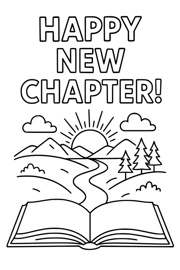 Free Retirement Coloring Page - Happy New Chapter Sunrise Scene (Printable PDF)