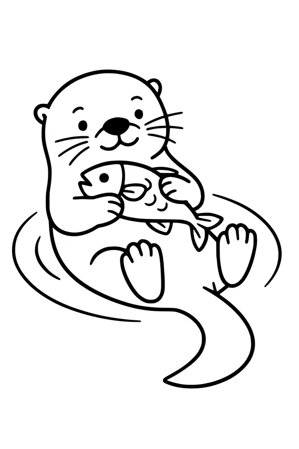 Free Otter Coloring Page - Floating With Fish In Swirly Water (Printable PDF)