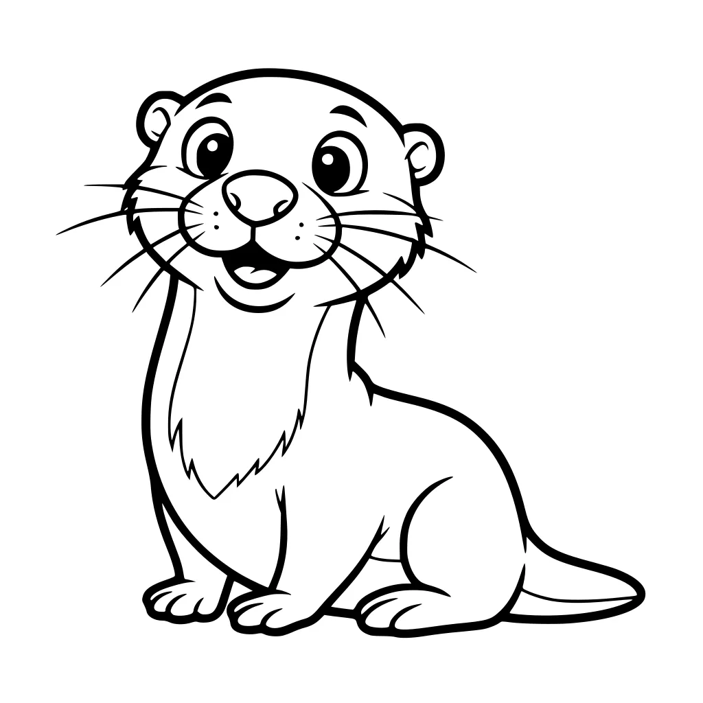 Smiling cartoon otter sitting upright with big round eyes, whiskers, and a long tail on a blank background.
