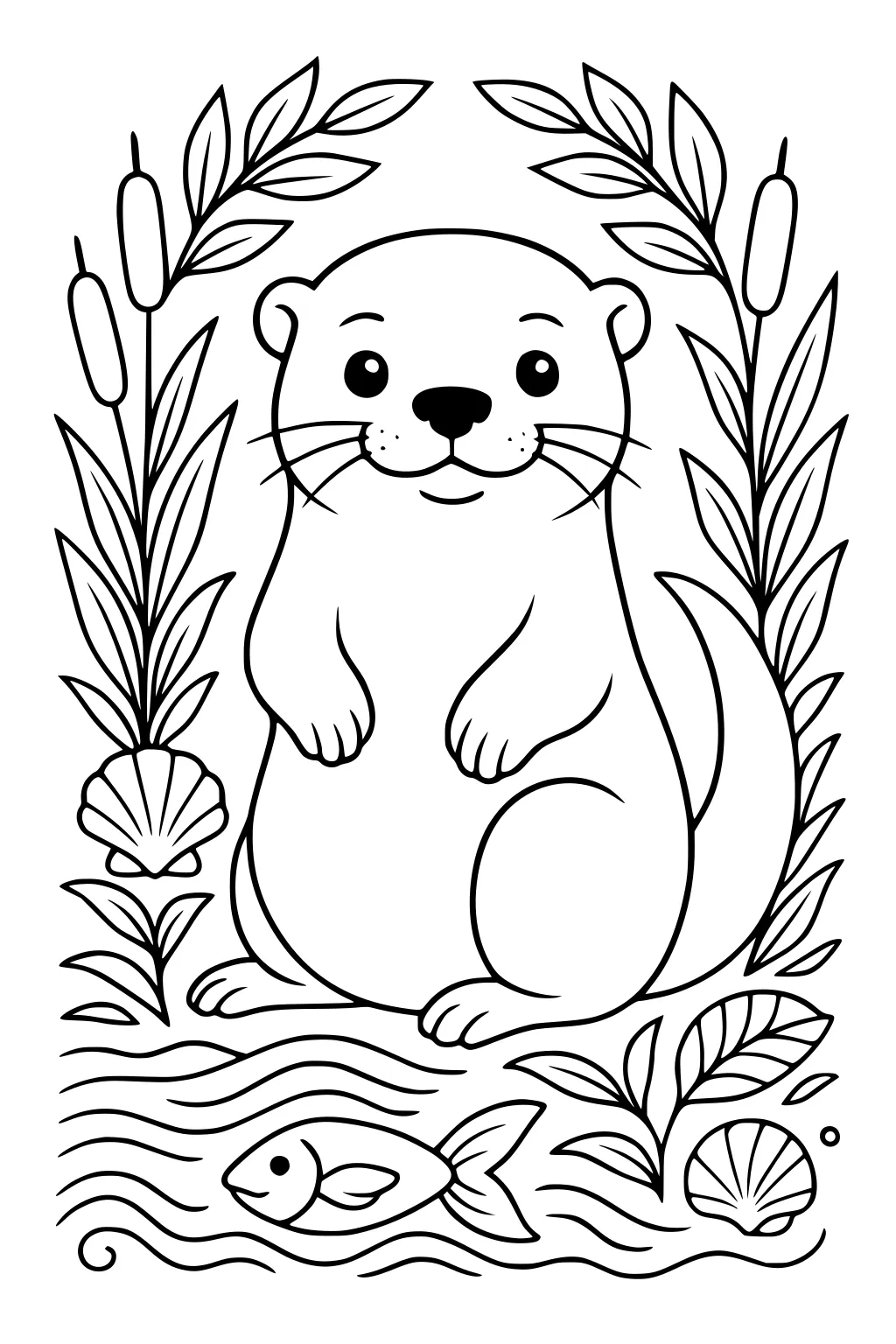 Otter sitting by riverbank with cattails, shells, leaves, and a fish in wavy water.