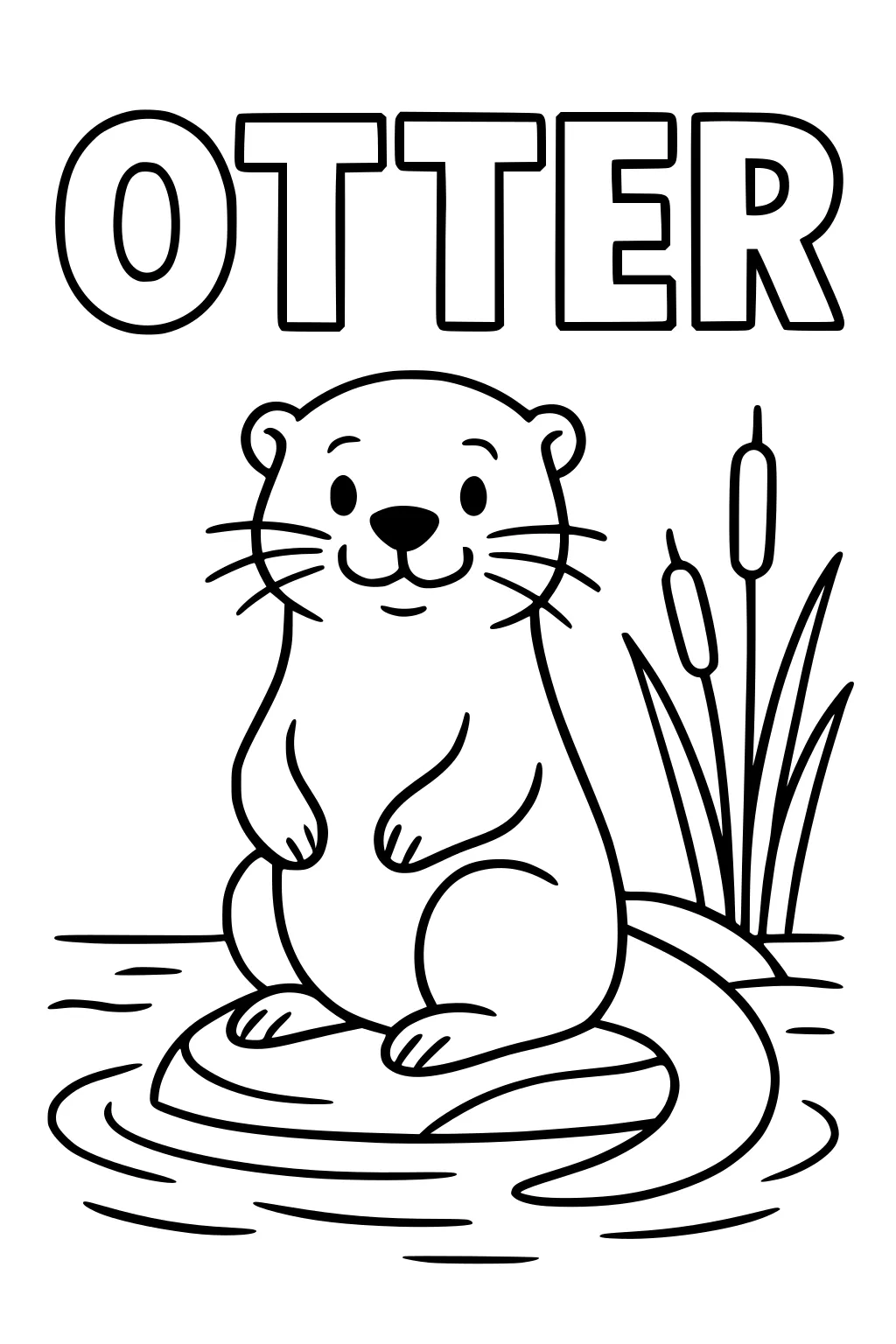 Smiling otter sits on a rock in a pond, surrounded by ripples and cattails, with the word OTTER above her head.