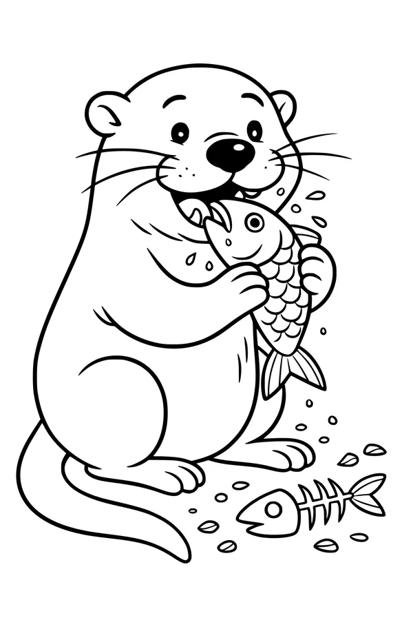 Free Otter Coloring Page - Hungry Otter With Big Fish (Printable PDF)