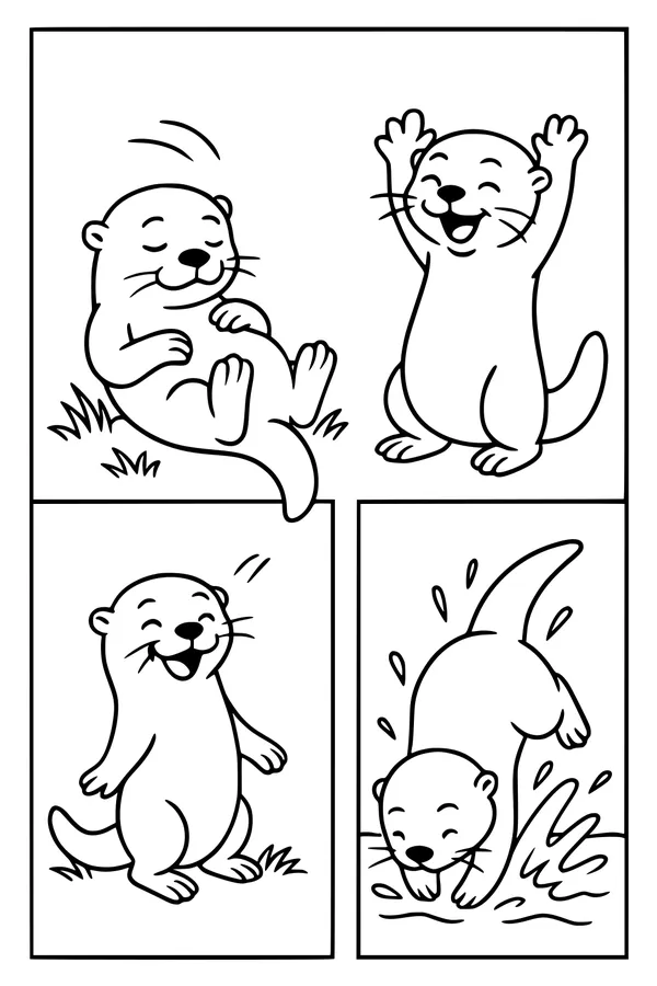 Free Otter Coloring Page - Cute Cartoon Otter In Four Fun Scenes (Printable PDF)