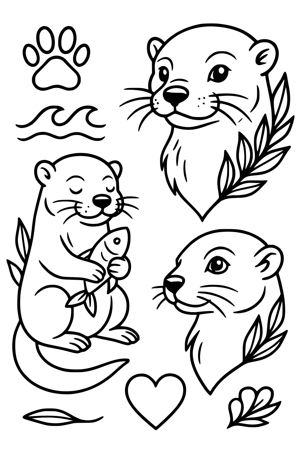 Three otters including two otter faces and one full otter holding a fish, surrounded by leaves, paw print, heart, and water lines.