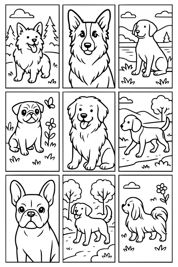 Free Dog Coloring Page - Nine Cartoon Pups Outdoors in Nature (Printable PDF)