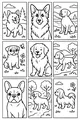 Free Dog Coloring Page - Nine Cartoon Pups Outdoors in Nature (Printable PDF)