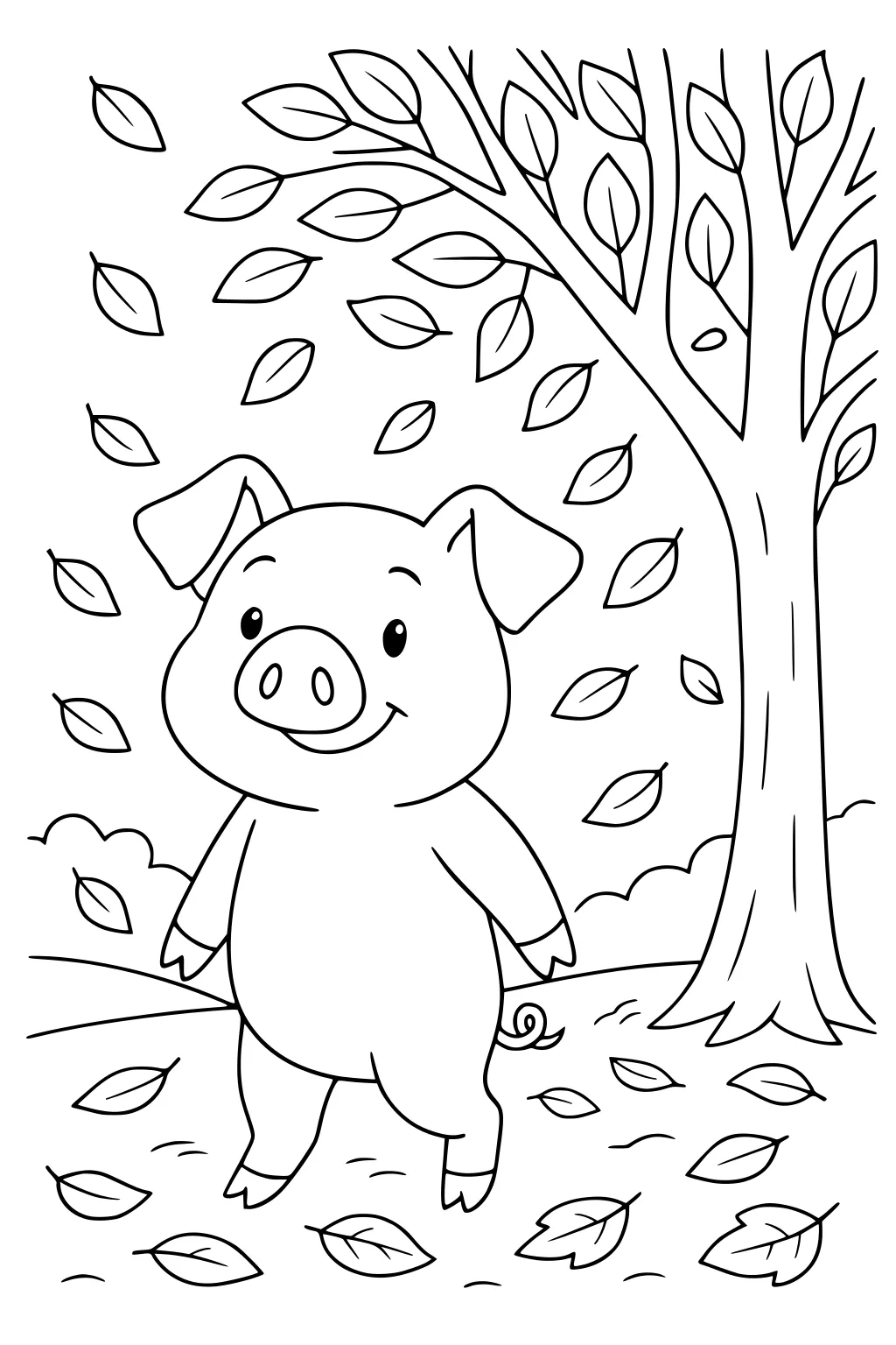 Smiling piglet standing under a tree with falling leaves and bushes in the background.