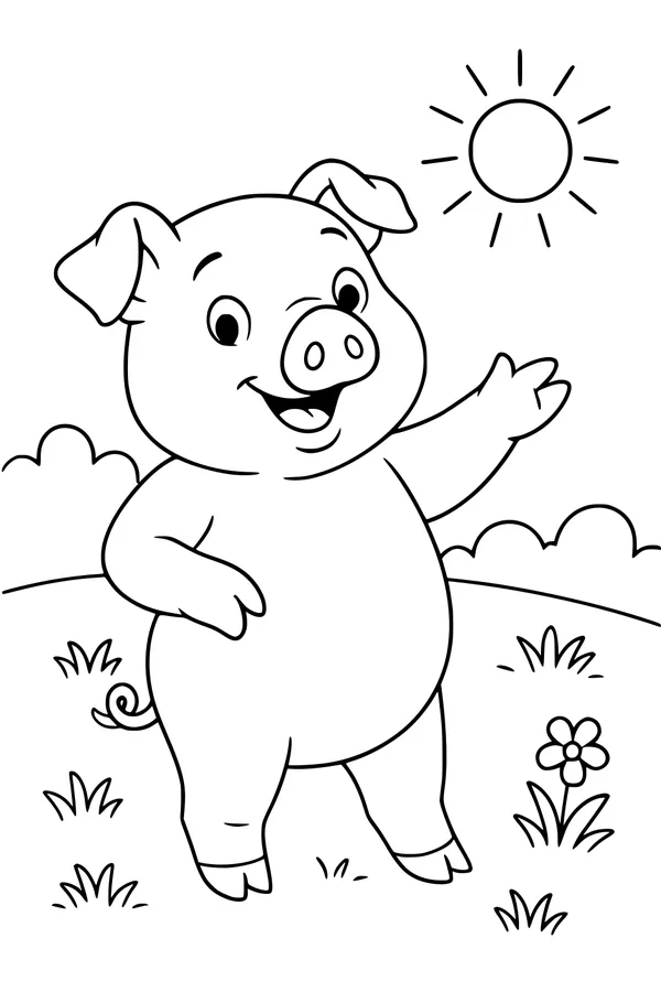 Free Piglet Coloring Page - Happy Piglet Waving in Sunny Field (Printable PDF)