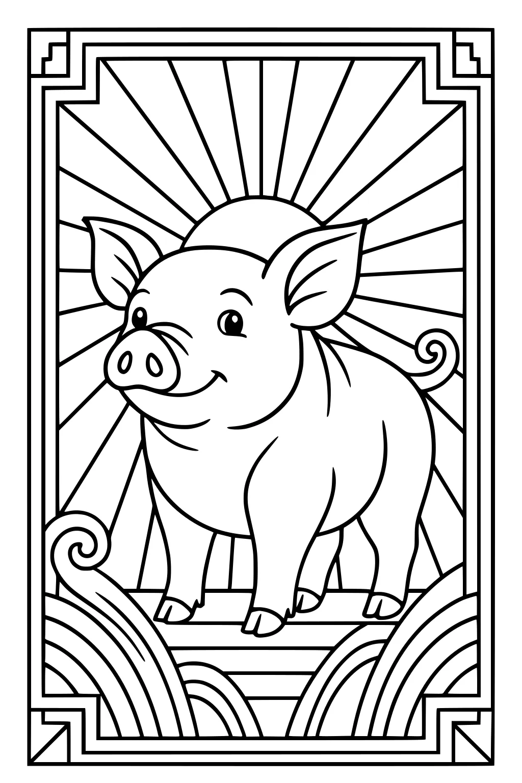 Smiling pig with curly tail stands on stylized hills, sunburst background, and a bold, decorative border.
