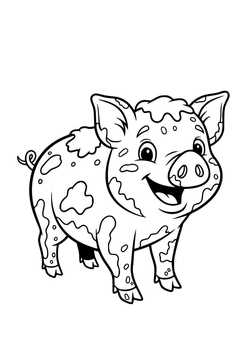 Cartoon piglet with patchy spots, big ears, round snout, open smile, standing on four legs with curled tail.