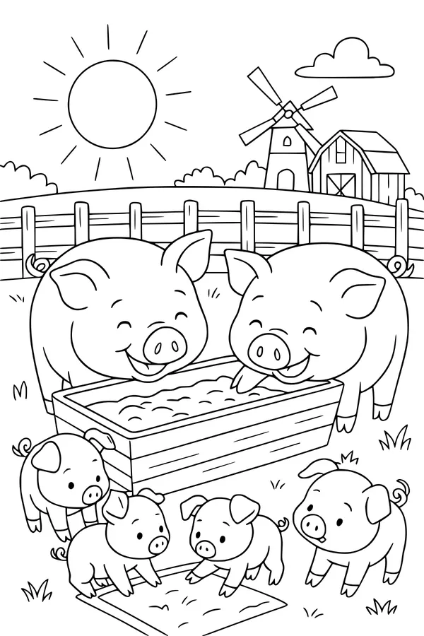 Free Pig Coloring Page - Happy Farm Pigs and Piglets (Printable PDF)