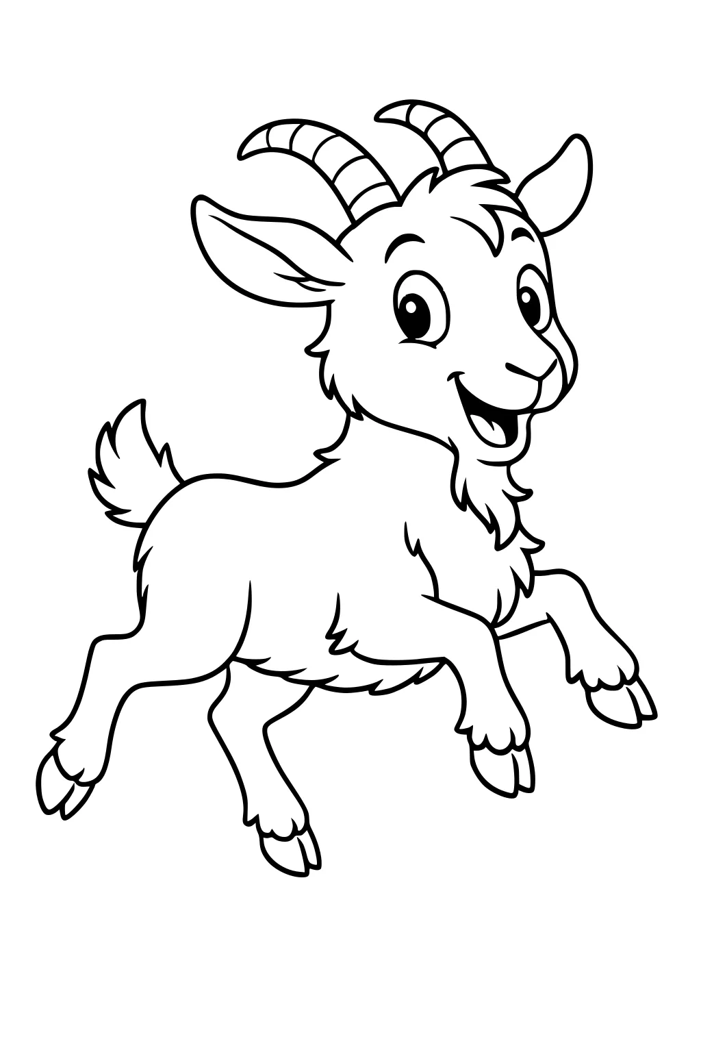 Cartoon goat with horns and fluffy fur jumping happily with a big smile and perked ears.