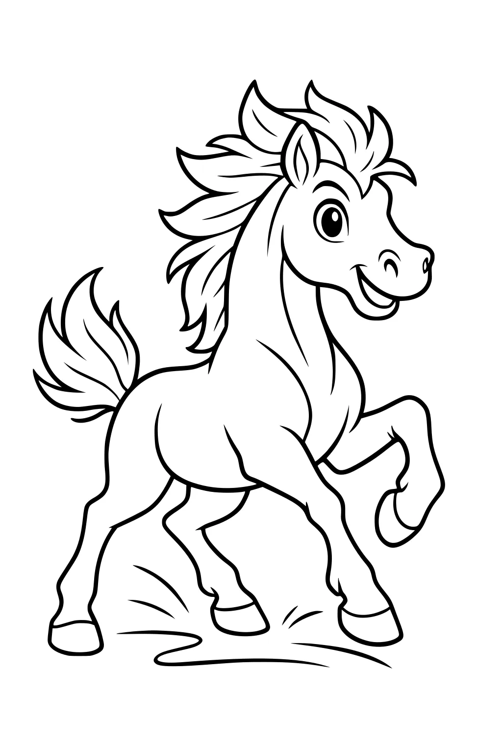 Cartoon horse with big eyes, fluffy mane and tail, smiling, one front leg lifted, standing on simple ground.