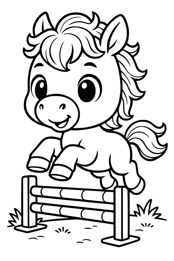 Free Pony Coloring Page - Happy Cartoon Jumper Over Fence (Printable PDF)