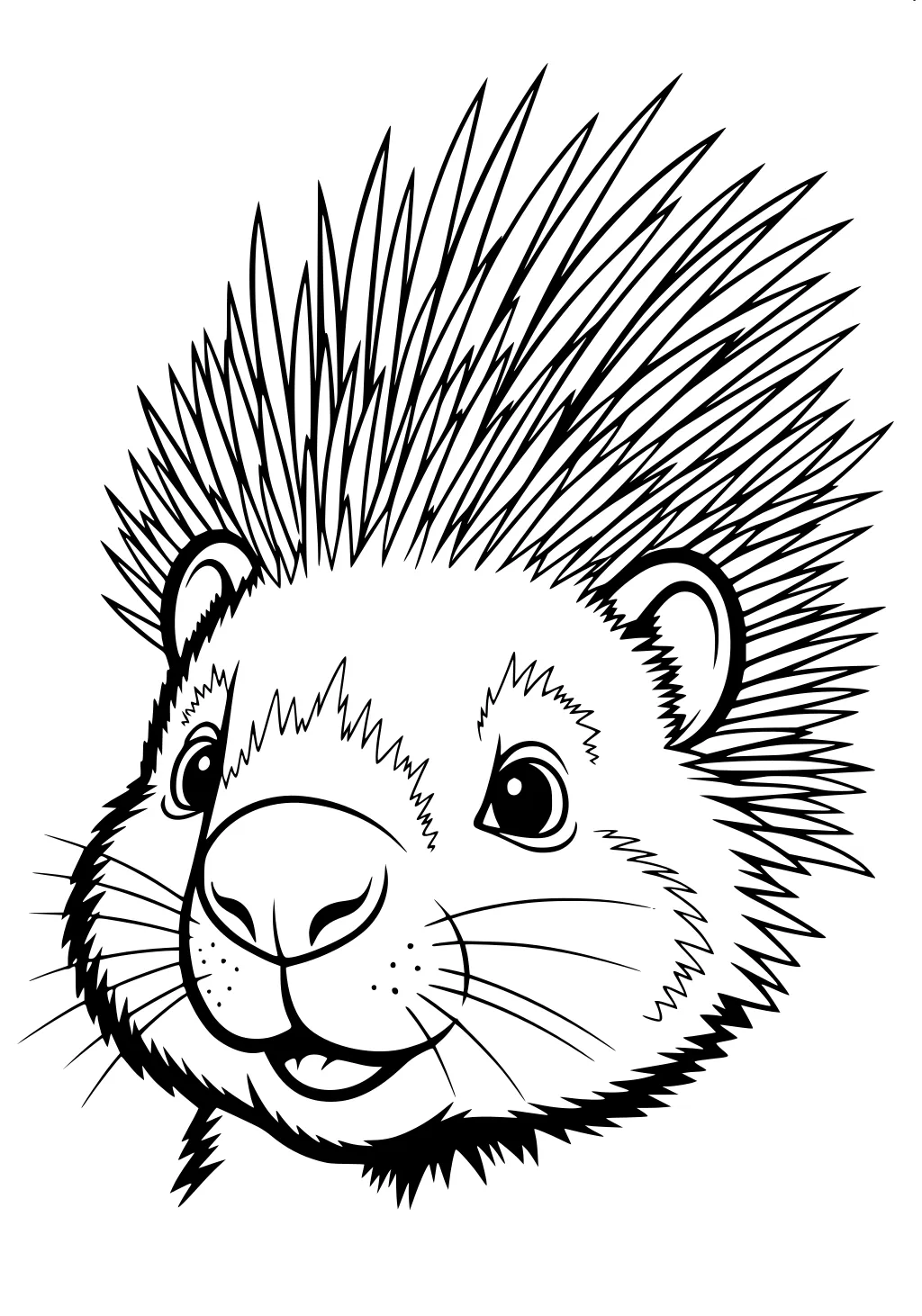 Cartoon porcupine face with big eyes and open mouth, surrounded by spiky quills and round furry cheeks.