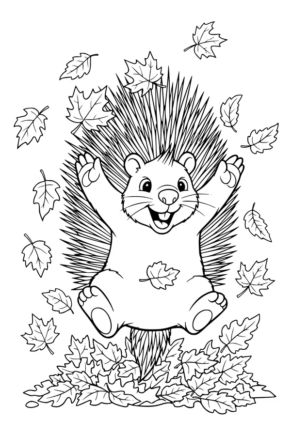 Free Porcupine Coloring Page - Happy Fall Leaf Pile Landing (Printable PDF)