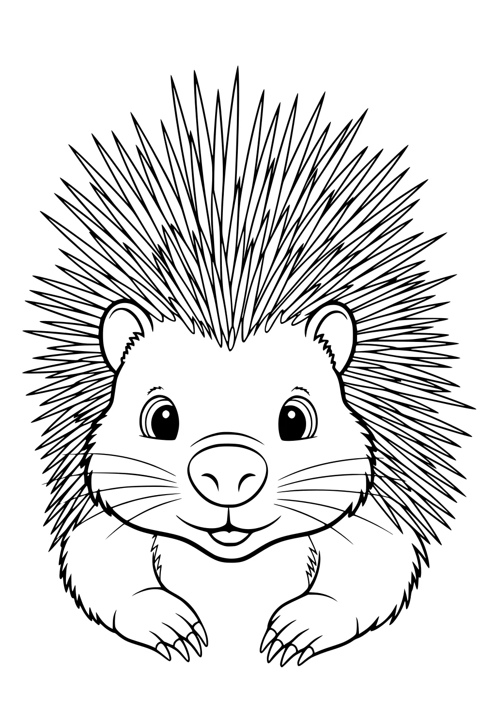 Cartoon porcupine with large eyes, spiky quills fanned out, round ears, whiskers, and front paws visible.