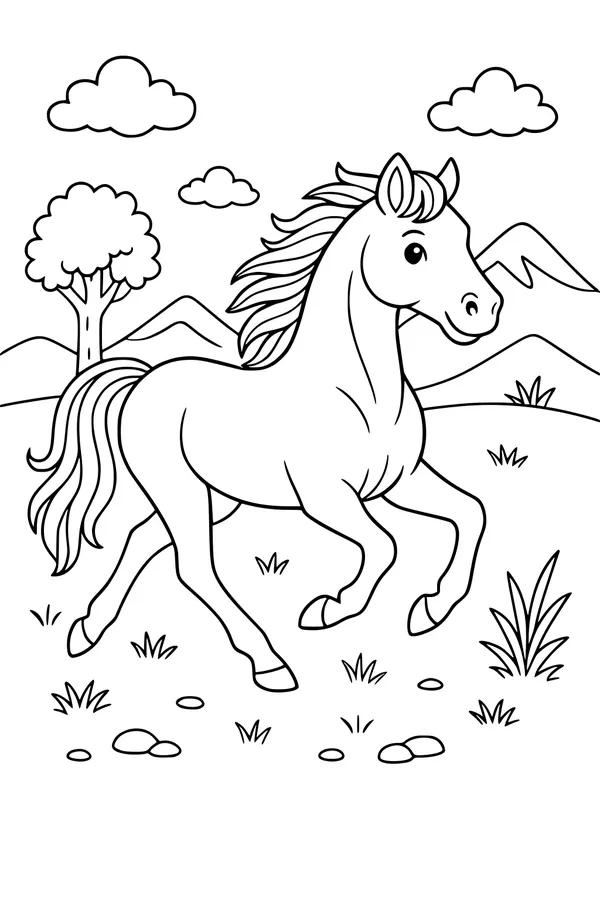 Free Horse Coloring Page - Galloping Through a Mountain Meadow (Printable PDF)