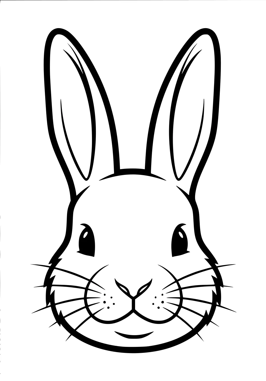 Simple rabbit face with long ears, round cheeks, whiskers, and a smiling mouth outlined in black on white background.