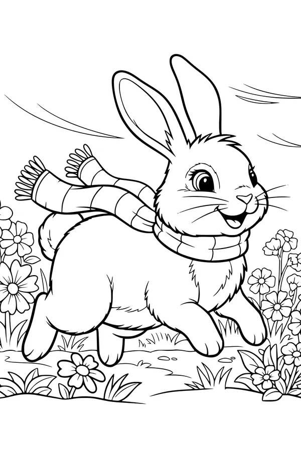 Free Rabbit Coloring Page - Bunny With Striped Scarf in Spring Flowers (Printable PDF)