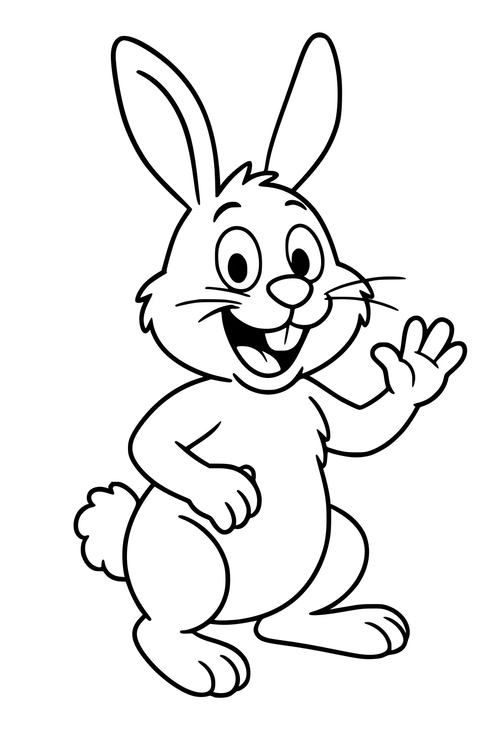 Cartoon rabbit standing upright, waving, smiling with big eyes, large ears, and a fluffy tail.