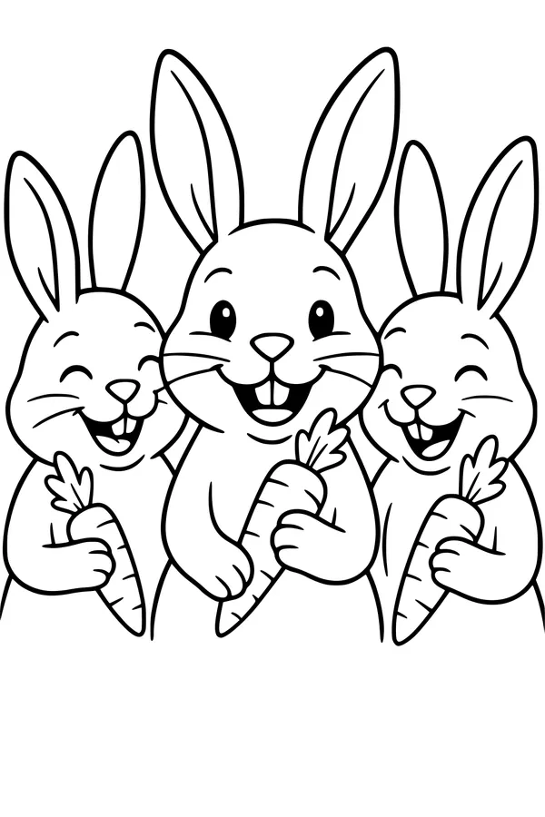 Free Rabbit Coloring Page - Three Happy Bunnies With Carrots (Printable PDF)