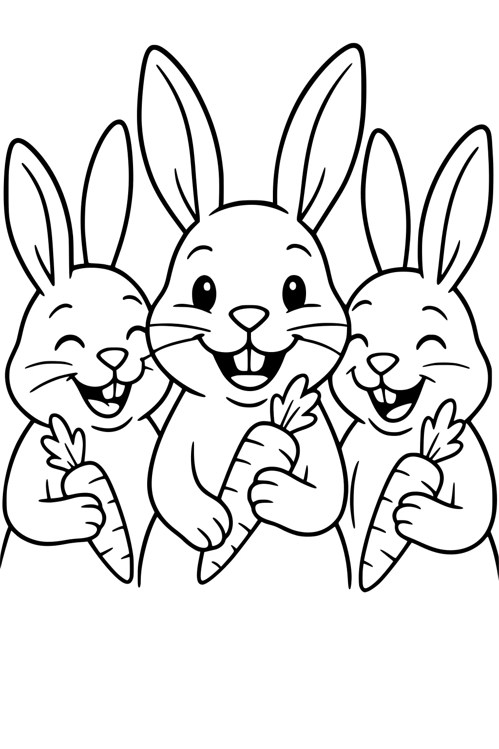 Three cartoon rabbits smiling and holding carrots, standing side by side with big ears and happy faces.