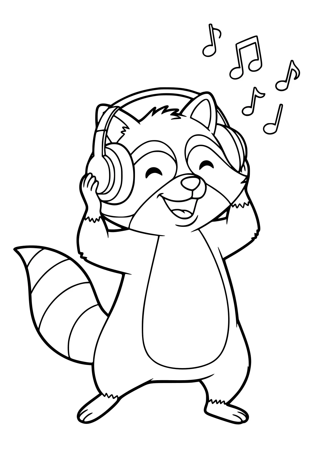 Raccoon wearing headphones and smiling with floating music notes around its head. The raccoon has a bushy striped tail.