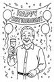 Free Retirement Party Coloring Page - Grandpa Celebrating Under Happy Retirement Banner (Printable PDF)
