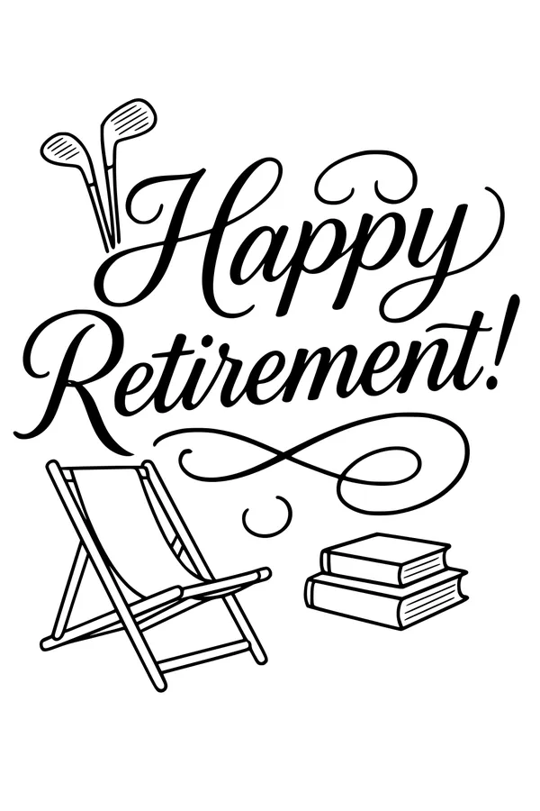 Free Retirement Coloring Page - Happy Lettering with Golf Clubs and Deck Chair (Printable PDF)