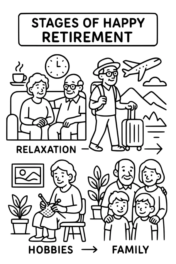 Free Retirement Coloring Page - Happy Grandparents in Four Fun Scenes (Printable PDF)
