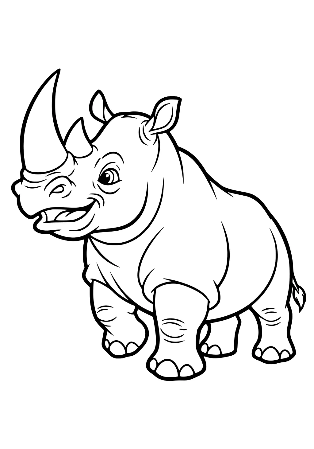 Cartoon rhinoceros with large horns, wide grin, round eyes, and chunky legs, standing on all fours.