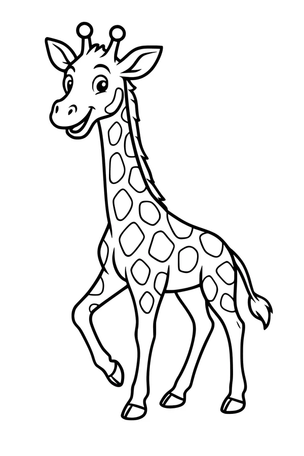 Free Giraffe Coloring Page - Smiling Cartoon Giraffe With Long Neck (Printable PDF)
