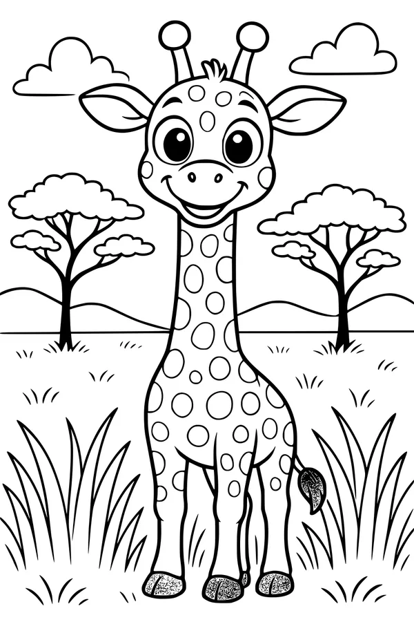 Free Giraffe Coloring Page - Smiling Cartoon in Savanna Grass (Printable PDF)