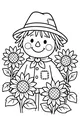 Free Scarecrow Coloring Page - Happy Boy in Sunflower Harvest (Printable PDF)
